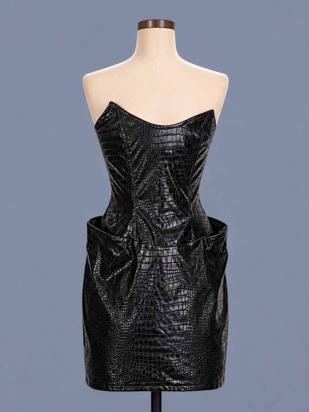 PrettyLittleThing Black Croc Faux Leather Corset Mini Dress – Size 4 NWT